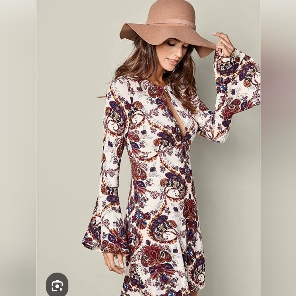 VENUS BOHEMIAN PRINTED Empire Waisted Dress with Bell Sleeves